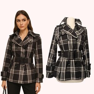 ⭐Plaid Double Breasted Peacoat Notched Collar Black Grey White Size Medium